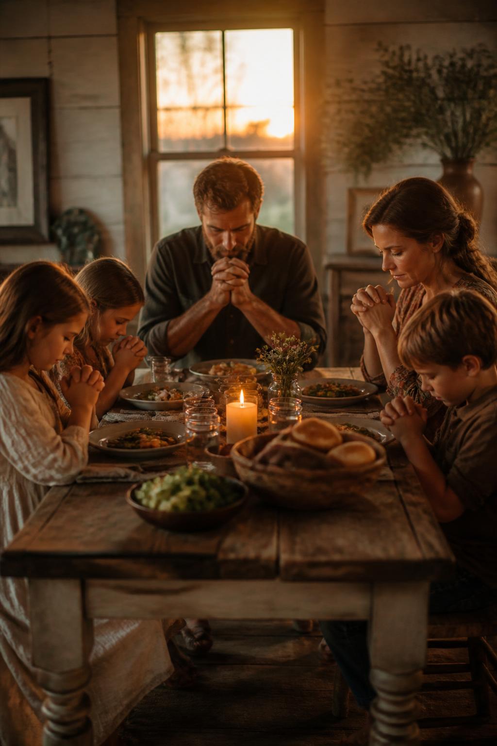 A family praying together at a candlelit farmhouse table